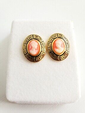 Gold-Tone Coral Cameo Oval Stud Earrings- Vintage